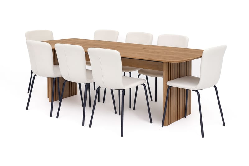 Richeto Spisebord 240 cm med 8 Katy Spisestole, Naturlig finish / Hvid Bouclé / Metalben Sort