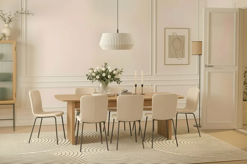 Richeto Spisebord 240 cm med 8 Katy Spisestole - Naturlig finish / Hvid Bouclé / Metalben Sort - Møbler - Borde - Spisebordssæt