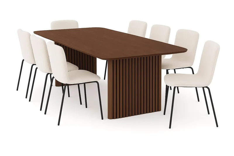 Richeto Spisebord 240 cm med 8 Katy Spisestole, Røget eg / Hvid Bouclé