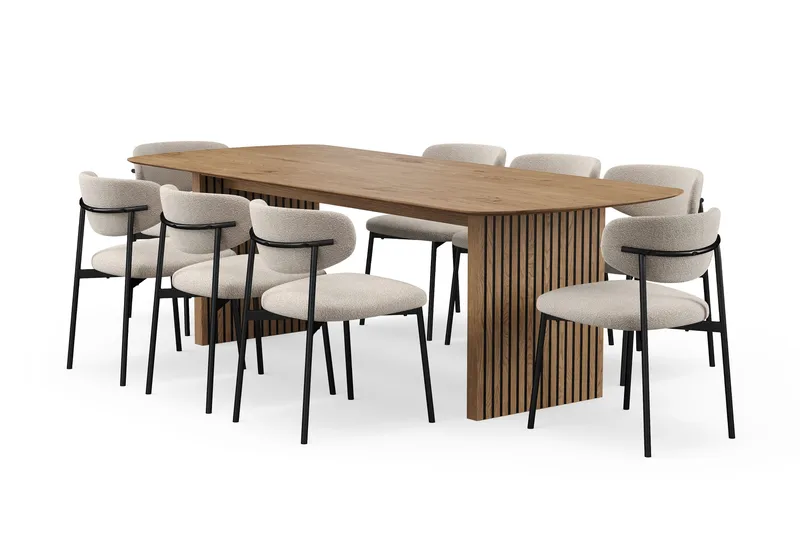 Richeto Spisebord 240 cm med 8 Lucy Spisestole, Naturlig finish / Greige Bouclé / Metalben Sort