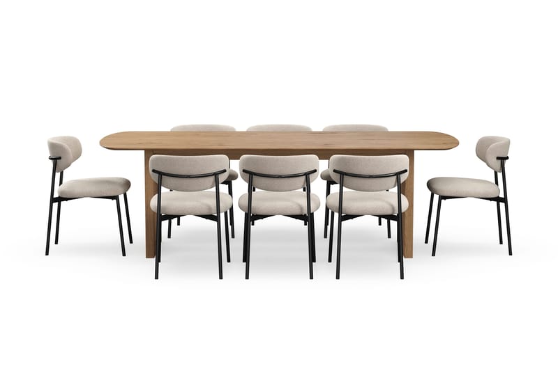 Richeto Spisebord 240 cm med 8 Lucy Spisestole - Naturlig finish / Greige Bouclé / Metalben Sort - Møbler - Borde - Spisebordssæt