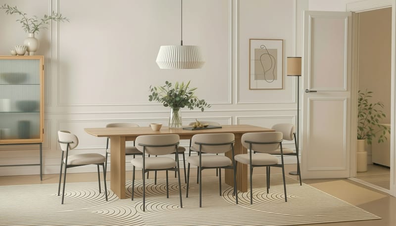 Richeto Spisebord 240 cm med 8 Lucy Spisestole - Naturlig finish / Greige Bouclé / Metalben Sort - Møbler - Borde - Spisebordssæt