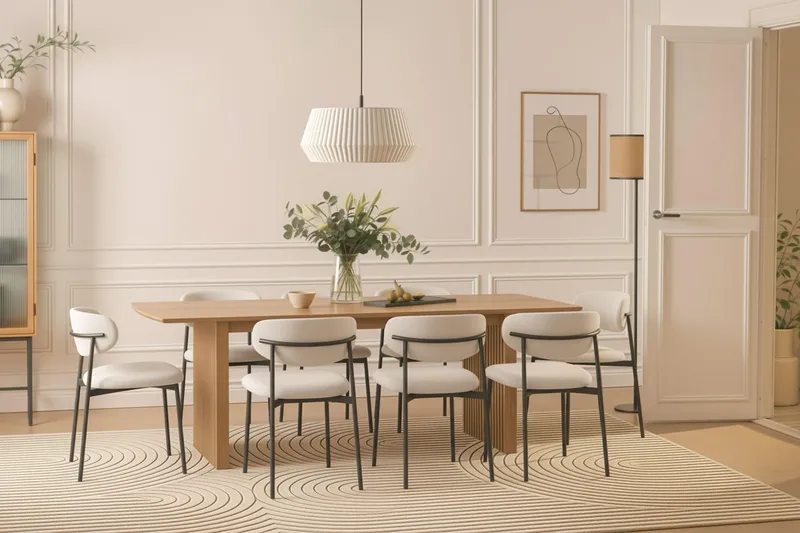 Richeto Spisebord 240 cm med 8 Lucy Spisestole - Naturlig finish / Hvid Bouclé / Metalben Sort - Møbler - Borde - Spisebordssæt