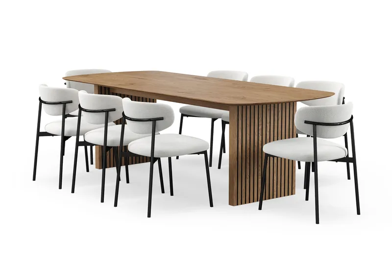 Richeto Spisebord 240 cm med 8 Lucy Spisestole, Naturlig finish / Hvid Bouclé / Metalben Sort