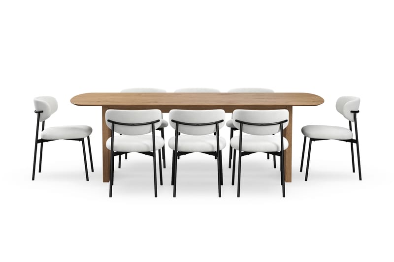 Richeto Spisebord 240 cm med 8 Lucy Spisestole - Naturlig finish / Hvid Bouclé / Metalben Sort - Møbler - Borde - Spisebordssæt