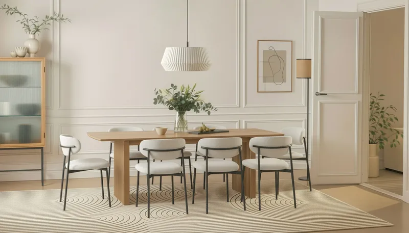 Richeto Spisebord 240 cm med 8 Lucy Spisestole - Naturlig finish / Hvid Bouclé / Metalben Sort - Møbler - Borde - Spisebordssæt