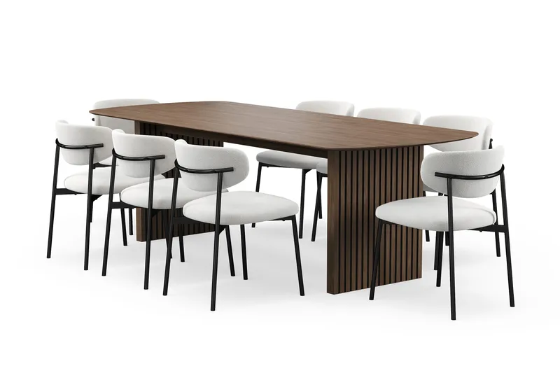 Richeto Spisebord 240 cm med 8 Lucy Spisestole, Røget eg / Hvid Bouclé