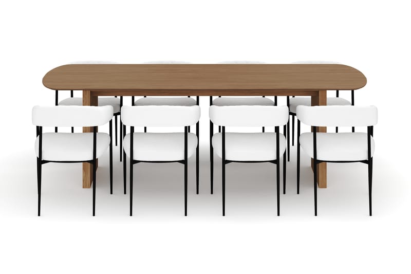 Richeto Spisebord 240 cm med 8 Velma Spisestole - Naturlig finish / Hvid Bouclé - Møbler - Borde - Spisebordssæt