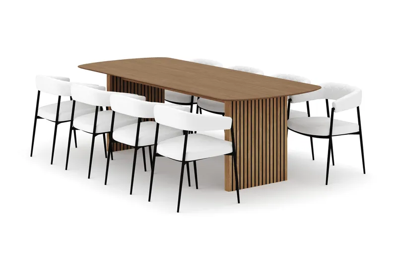 Richeto Spisebord 240 cm med 8 Velma Spisestole, Naturlig finish / Hvid Bouclé