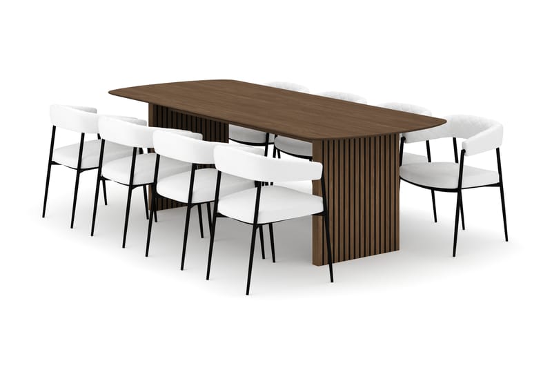 Richeto Spisebord 240 cm med 8 Velma Spisestole, Røget eg / Hvid Bouclé