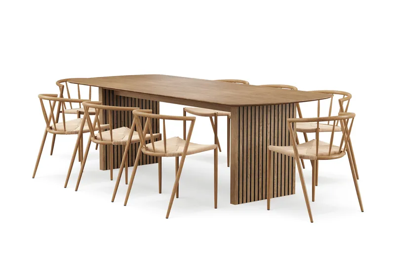 Richeto Spisebord 240 cm med 8 Winston Spisestole, Naturlig finish / Beige / Metalben Eg