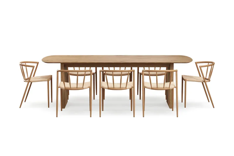 Richeto Spisebord 240 cm med 8 Winston Spisestole - Naturlig finish / Beige / Metalben Eg - Møbler - Borde - Spisebordssæt