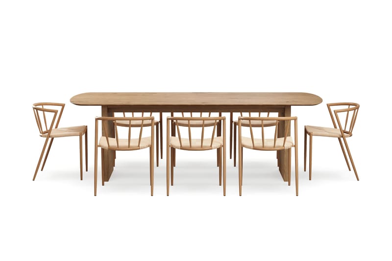 Richeto Spisebord 240 cm med 8 Winston Spisestole - Naturlig finish / Beige / Metalben Eg - Møbler - Borde - Spisebordssæt