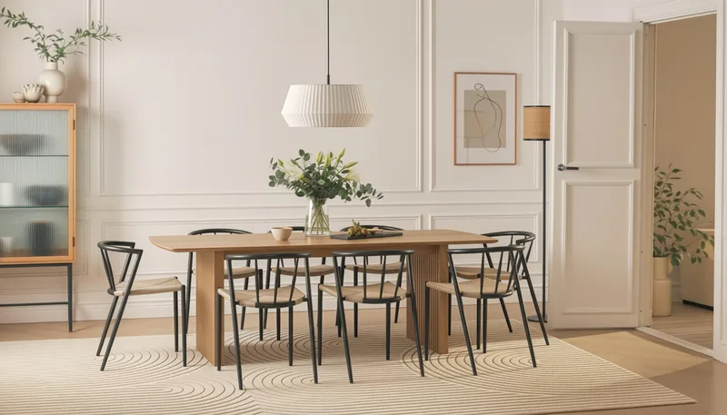 Richeto Spisebord 240 cm med 8 Winston Spisestole - Naturlig finish / Beige / Metalben Sort - Møbler - Borde - Spisebordssæt