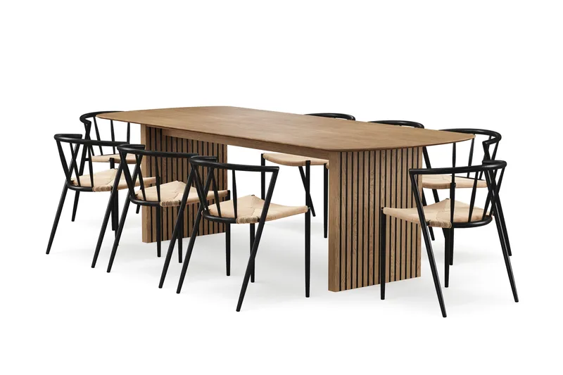Richeto Spisebord 240 cm med 8 Winston Spisestole, Naturlig finish / Beige / Metalben Sort