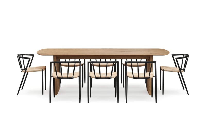 Richeto Spisebord 240 cm med 8 Winston Spisestole - Naturlig finish / Beige / Metalben Sort - Møbler - Borde - Spisebordssæt