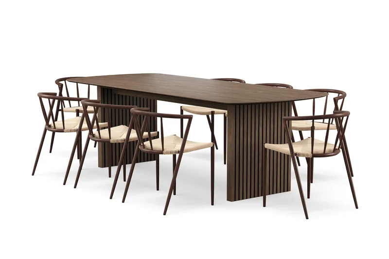 Richeto Spisebord 240 cm med 8 Winston Spisestole, Røget eg / Beige / Metalben Røget eg