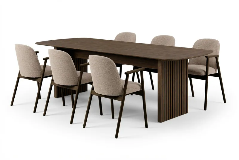 Richeto spisebord i røget eg 240 cm med 6 Reciclar spisestole, Røget eg/ Greige