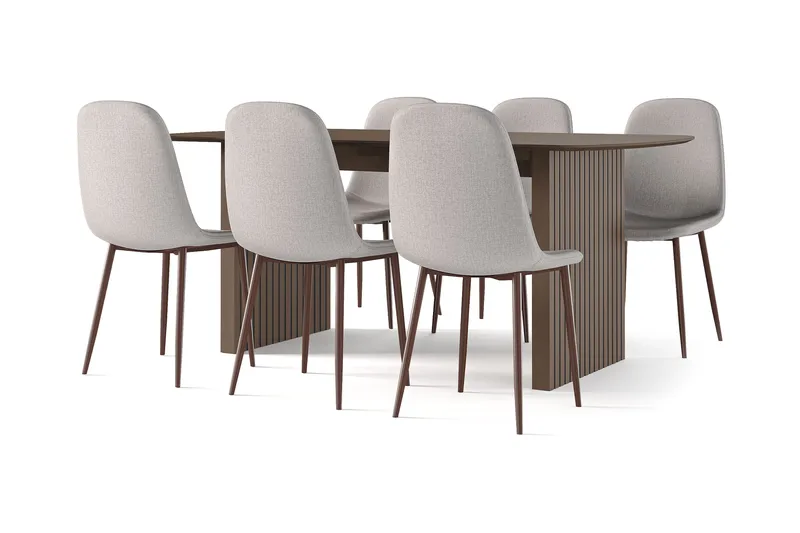 Richeto Spisebord Røget Eg 180 cm valnød + 6 stk Nibe stol beige med valnøddeben, Brun/Beige