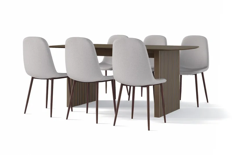 Richeto Spisebord Røget Eg 180 cm valnød + 6 stk Nibe stol grå med valnøddeben, Brun/Grå