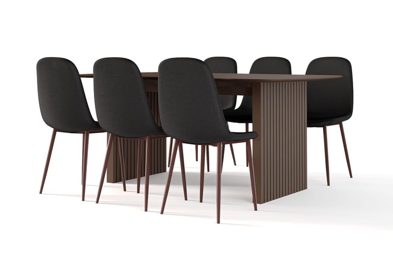 Richeto Spisebord Røget Eg 180 cm valnød + 6 stk Nibe stol sort med valnøddeben, Brun/Sort