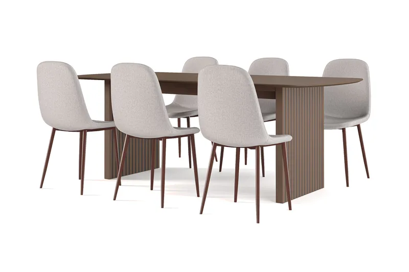 Richeto Spisebord Røget Eg 210 cm valnød + 6 stk Nibe stol beige med valnøddeben, Brun/Beige