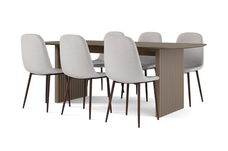 Richeto Spisebord Røget Eg 210 cm valnød + 6 stk Nibe stol grå med valnøddeben, Brun/Grå