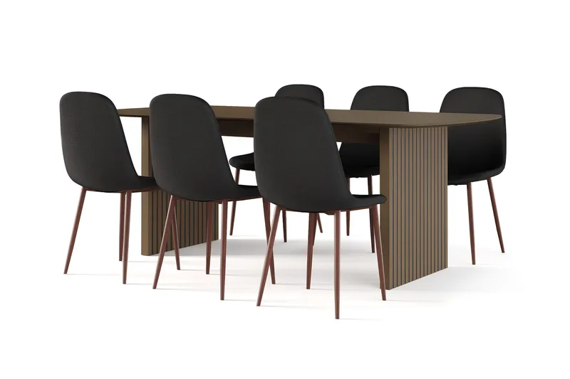 Richeto Spisebord Røget Eg 210 cm valnød + 6 stk Nibe stol sort med valnøddeben, Brun/Sort