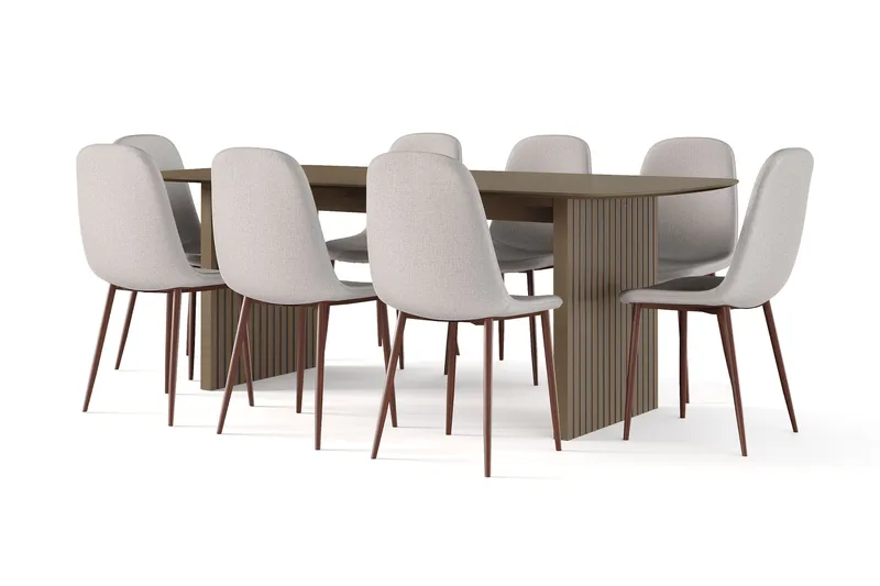 Richeto spisebord røget eg 210 cm valnød + 8 stk. Nibe stol beige med valnøddeben, Brun/Beige