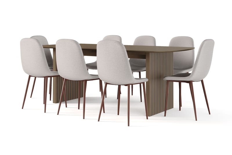 Richeto Spisebord Røget Eg 210 cm valnød + 8 stk Nibe stol beige med valnøddeben, Brun/Beige