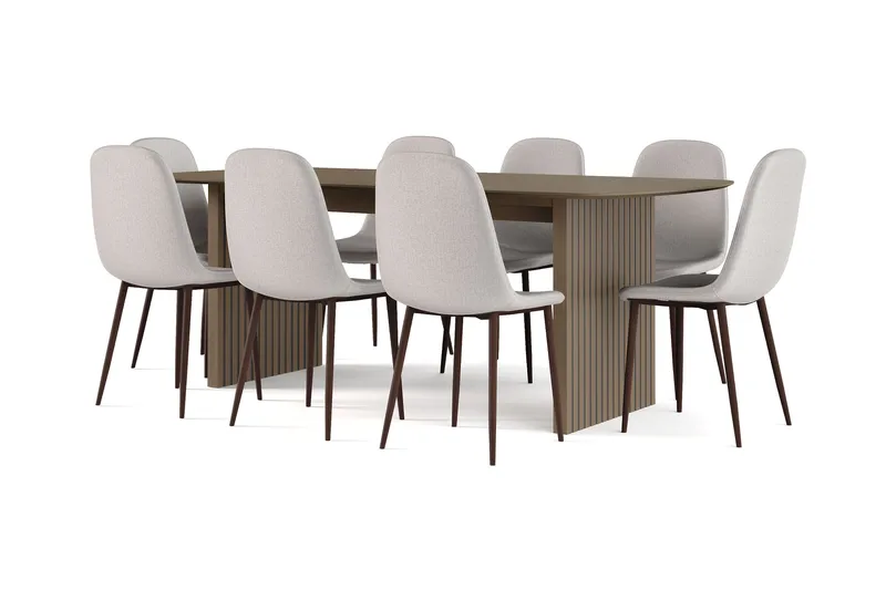 Richeto Spisebord Røget Eg 210 cm valnød + 8 stk Nibe stol grå med valnøddeben, Brun/Grå