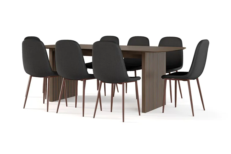 Richeto Spisebord Røget Eg 210 cm valnød + 8 stk Nibe stol sort med valnøddeben, Brun/Sort