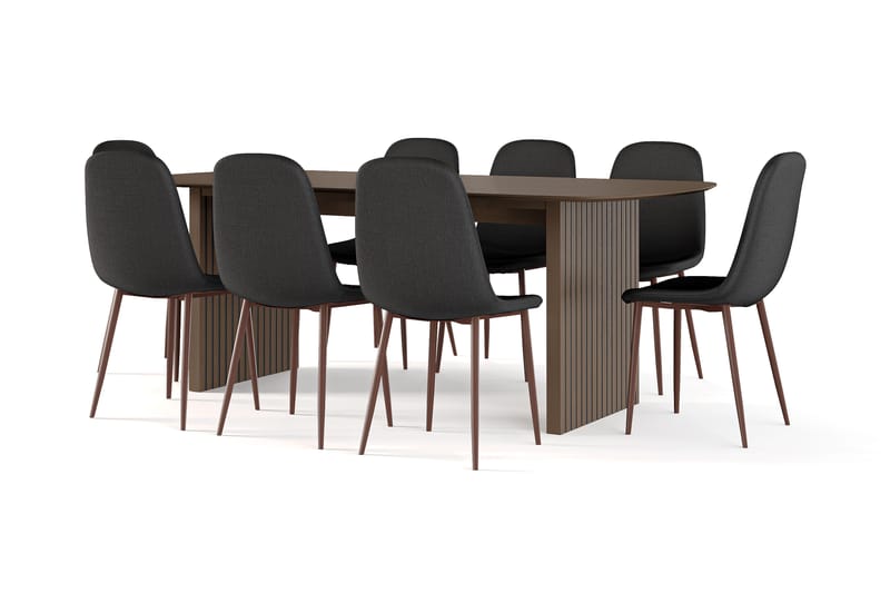 Richeto Spisebord Røget Eg 210 cm valnød + 8 stk Nibe stol sort med valnøddeben, Brun/Sort