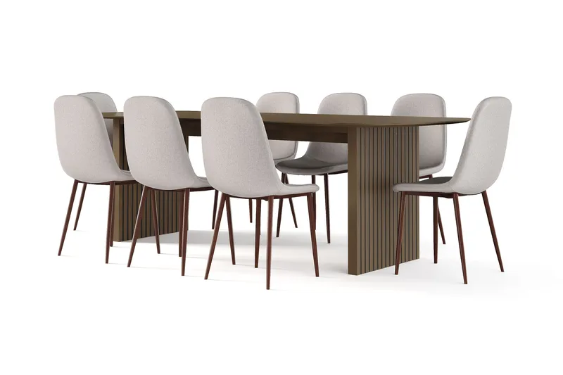 Richeto Spisebord Røget Eg 240 cm valnød + 8 stk Nibe stol beige med valnøddeben, Brun/Beige