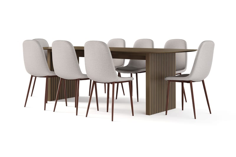 Richeto Spisebord Røget Eg 240 cm valnød + 8 stk Nibe stol beige med valnøddeben, Brun/Beige