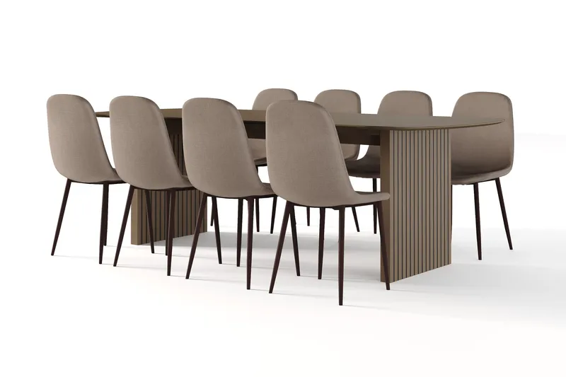 Richeto Spisebord Røget Eg 240 cm valnød + 8 stk Nibe stol brun med valnøddeben, Brun