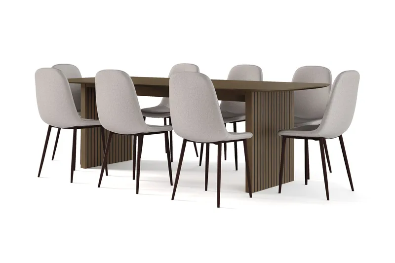 Richeto Spisebord Røget Eg 240 cm valnød + 8 stk Nibe stol grå med valnøddeben, Brun/Grå