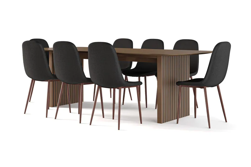 Richeto Spisebord Røget Eg 240 cm valnød + 8 stk Nibe stol sort med valnøddeben - Brun/Sort - Møbler - Borde - Spisebordssæt