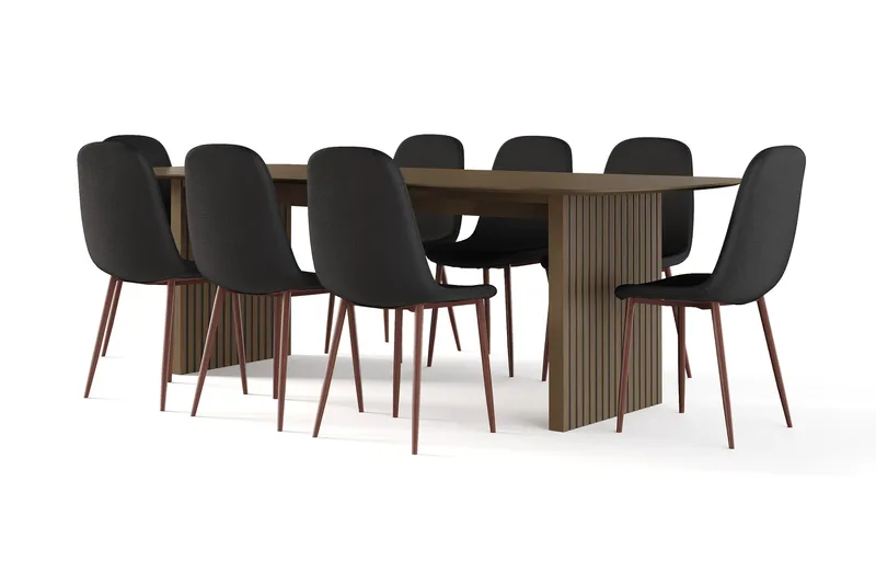 Richeto Spisebord Røget Eg 240 cm valnød + 8 stk. Nibe stol sort med valnødsben, Brun/Sort