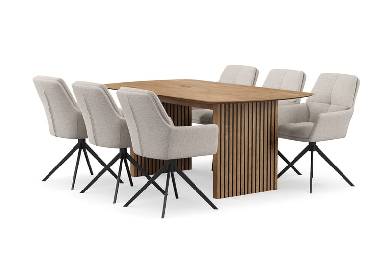 Richeto spisebordssæt 180 cm med 6 Torsby drejestole - Naturlig finish/Mørkbeige - Møbler - Borde - Spisebordssæt