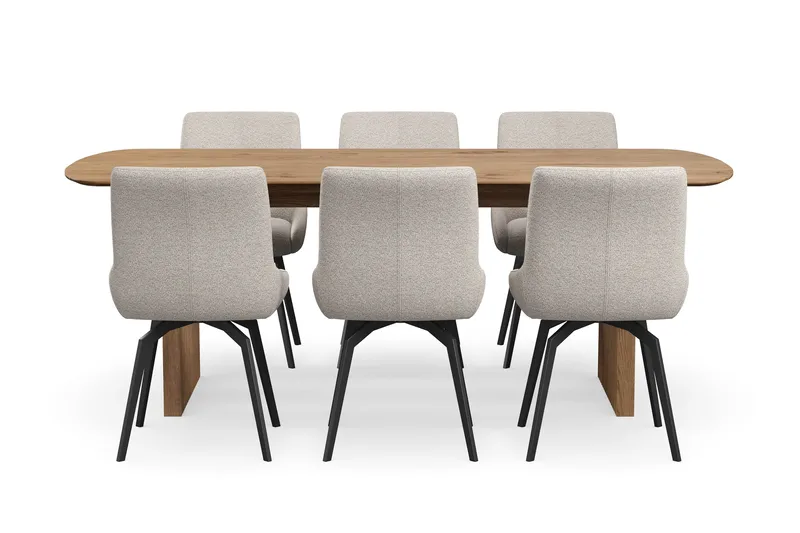 Richeto spisebordssæt 210 cm med 6 Mora drejestole - Naturlig finish/Mørkbeige - Møbler - Borde - Spisebordssæt