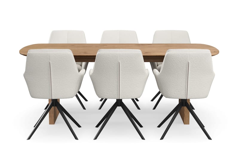 Richeto spisebordssæt 210 cm med 6 Torsby drejestole - Naturlig finish/Lysbeige - Møbler - Borde - Spisebordssæt