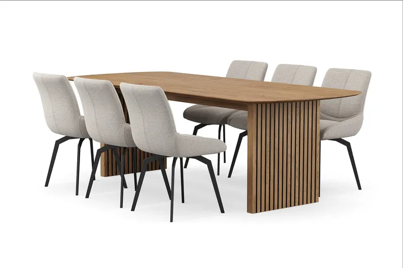 Richeto spisebordssæt 240 cm med 6 Mora drejestole - Naturlig finish/Mørkbeige - Møbler - Borde - Spisebordssæt