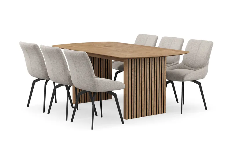 Richeto Spisegruppe 180 cm med 6 Mora Drejestole - Naturlig finish/Mørk beige - Møbler - Borde - Spisebordssæt