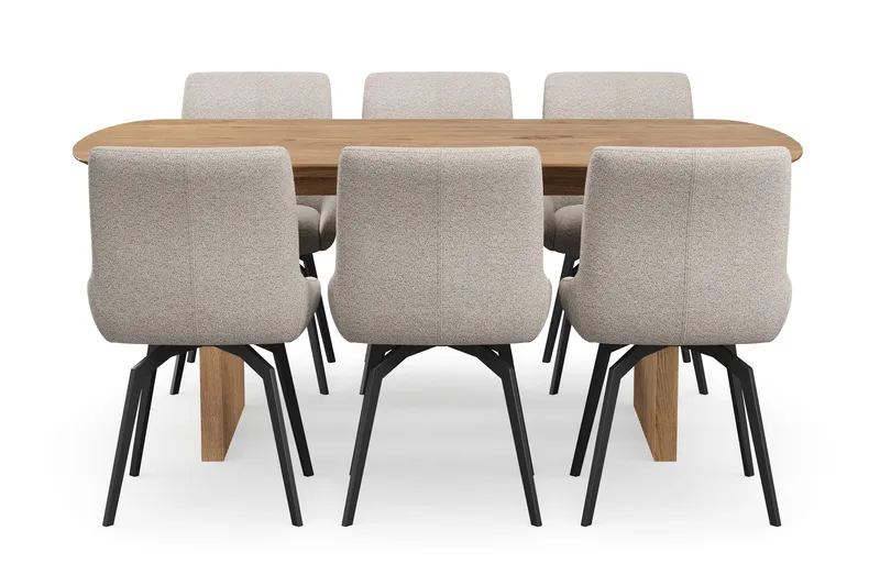 Richeto Spisegruppe 180 cm med 6 Mora Drejestole - Naturlig finish/Mørk beige - Møbler - Borde - Spisebordssæt