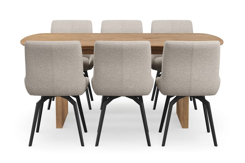 Richeto Spisegruppe 180 cm med 6 Mora Drejestole - Naturlig finish/Mørk beige - Møbler - Borde - Spisebordssæt