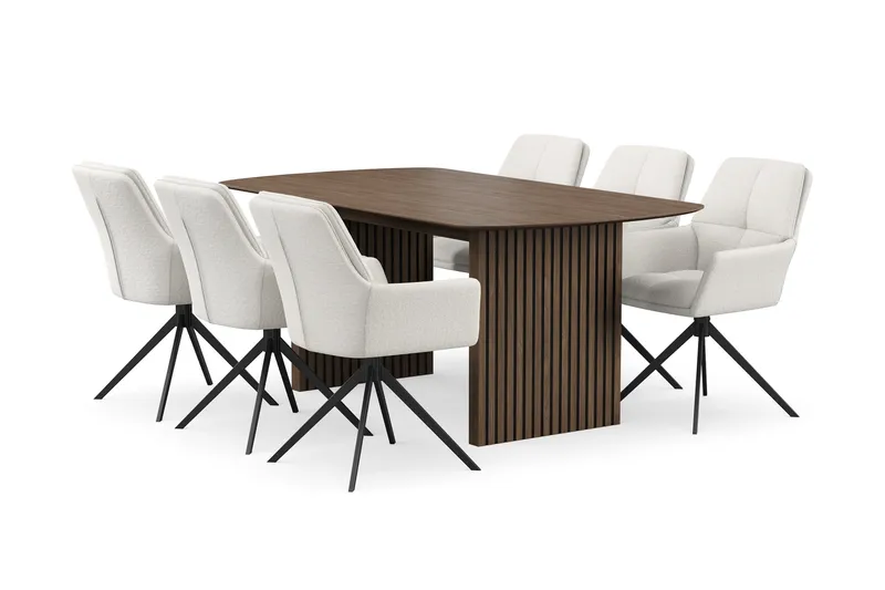 Richeto Spisegruppe 180 cm med 6 Torsby Drejestole, Røget eg/Lys beige