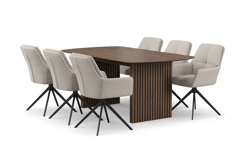 Richeto Spisegruppe 180 cm med 6 Torsby Drejestole, Røget eg/Mørk beige