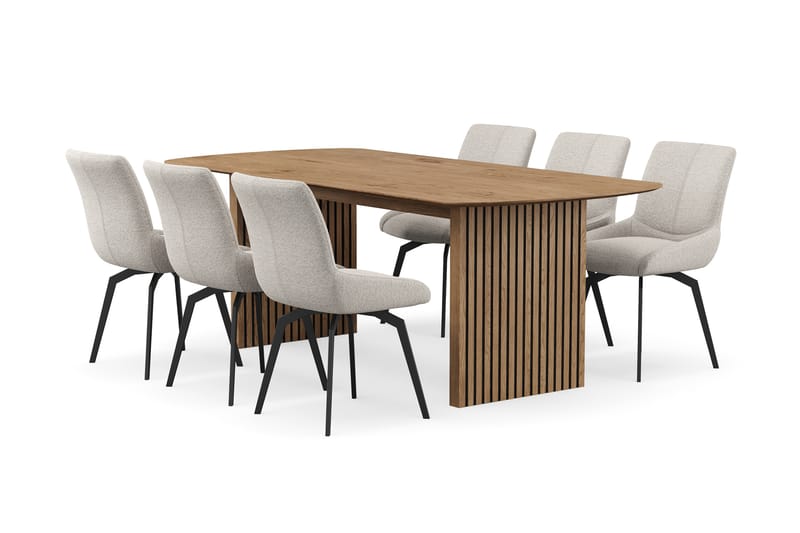 Richeto Spisegruppe 210 cm med 6 Mora Drejestole - Naturlig finish/Mørk beige - Møbler - Borde - Spisebordssæt