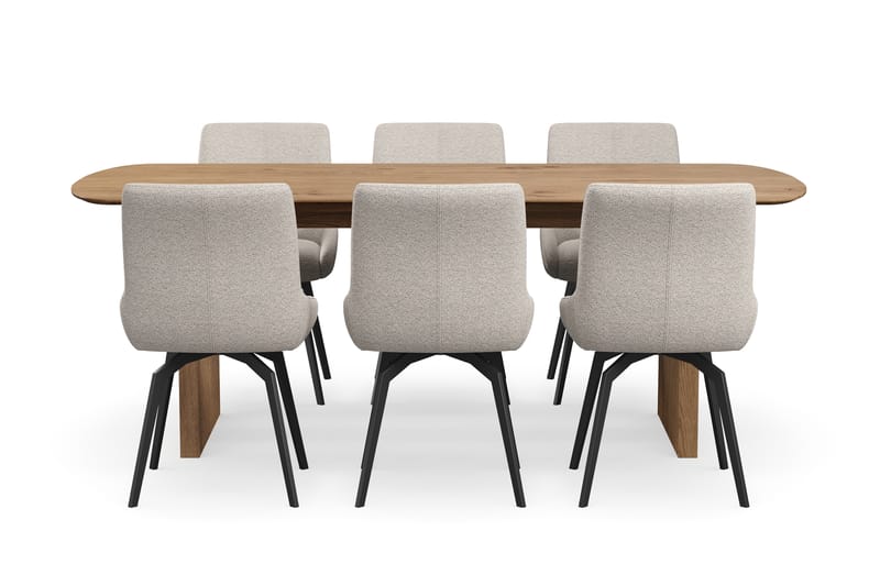 Richeto Spisegruppe 210 cm med 6 Mora Drejestole - Naturlig finish/Mørk beige - Møbler - Borde - Spisebordssæt